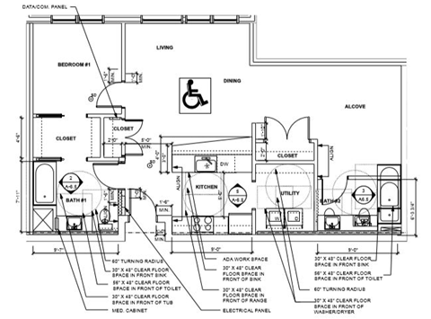 Floor plan for 1 bed, 2 baths, 933 sqft